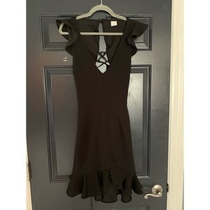 Black Ruffled Cap Sleeved Dress Lace Up Back